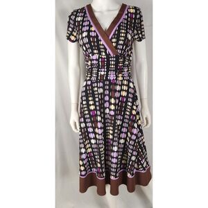 Women's Z Studio Fit & Flare Faux Wrap Ruched Waist Dot Pattern V Neck Dress 10